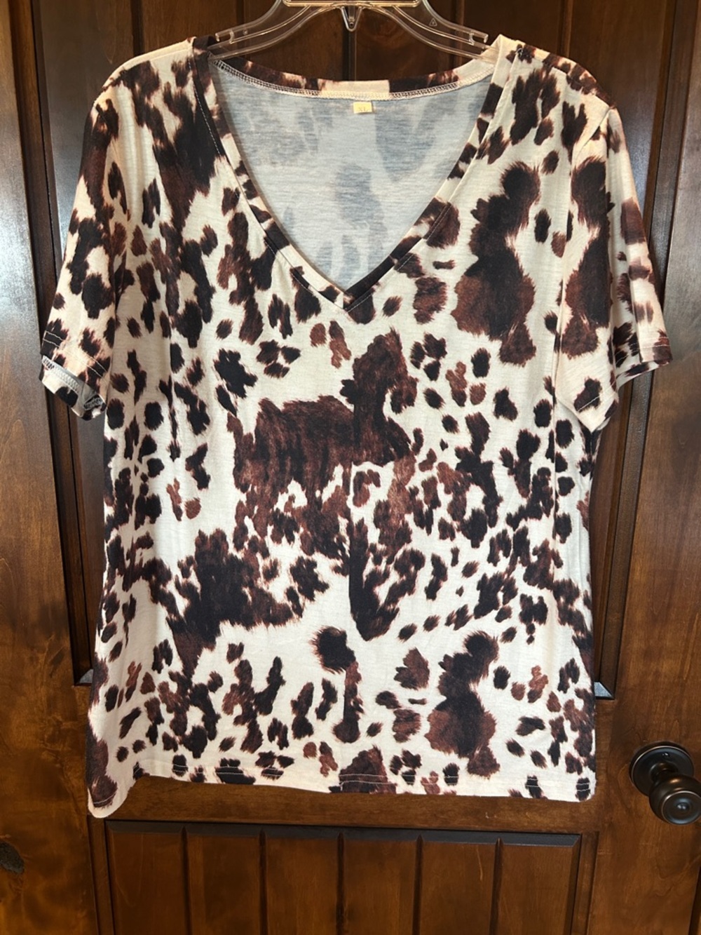 Women’s V-Neck Short Sleeve Animal Print Top - Brown/White